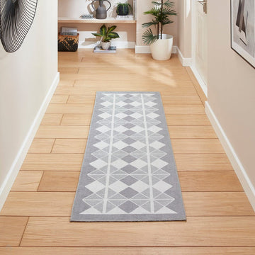 Washable Victoria H1184 Modern Vintage Diamond Grid Triangular Tessellation Lightweight Printed Polyester Flatweave Grey/Light Grey Rug-Think Rugs-Rug Love - The Most Loved Rug Store